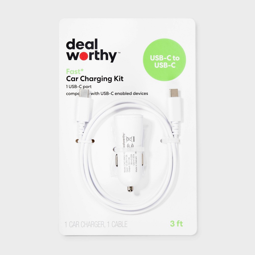 1-Port 20W Car Charger with 3' PVC USB-C to USB-C Cable - dealworthy™ White