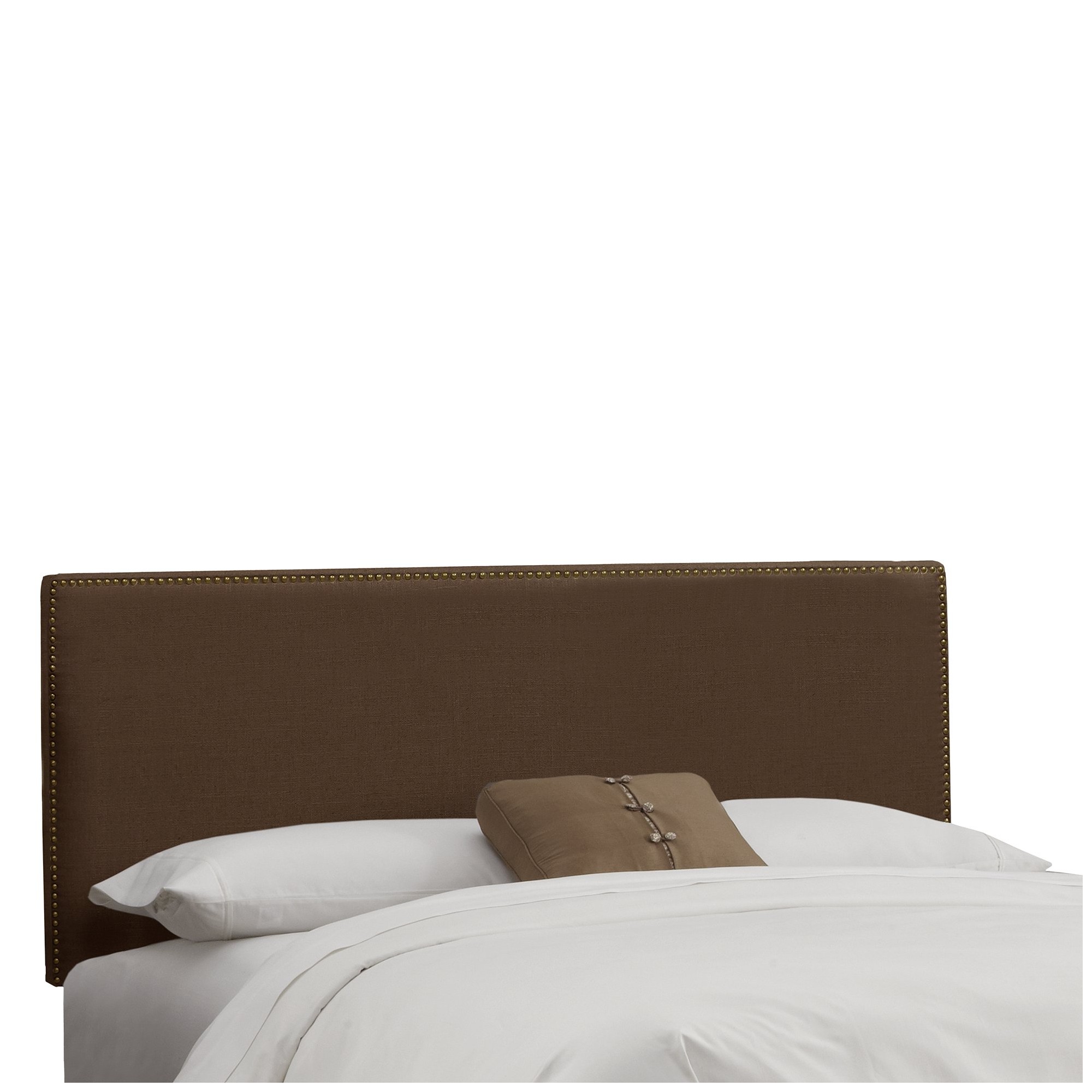 Queen Arcadia Nailbutton Headboard Linen Chocolate with Brass Nail Buttons - Skyline Furniture, Linen Brown