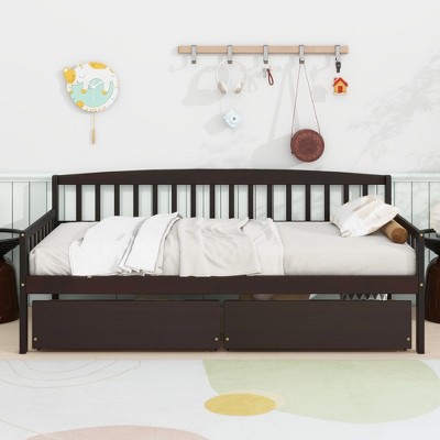 MAYEERTY Twin Pine Wood Daybed with Two Storage Drawers, 10 Support Slats, Brown