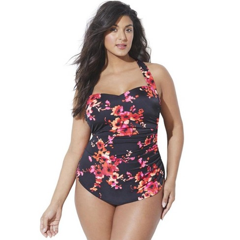 Swimsuits for All Women's Plus Size Chlorine Resistant H-Back Sarong Front  One Piece Swimsuit, 14 - New Poppies