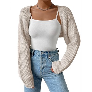 Women's Long Sleeve Open Front Knitted Crop Sweater Cardigan Drop Shoulder Knit Bolero Shrug - 1 of 4