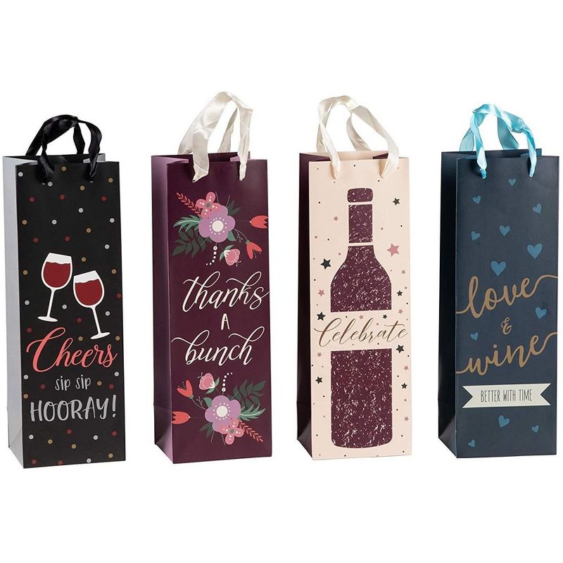 Juvale 12 Pack Wine Bottle Gift Bags with Handles, Bulk Set for Birthdays, Fathers Day, Holidays, Christmas in 4 Designs, 4.6 x 13.7 x 4 In, 5 of 9