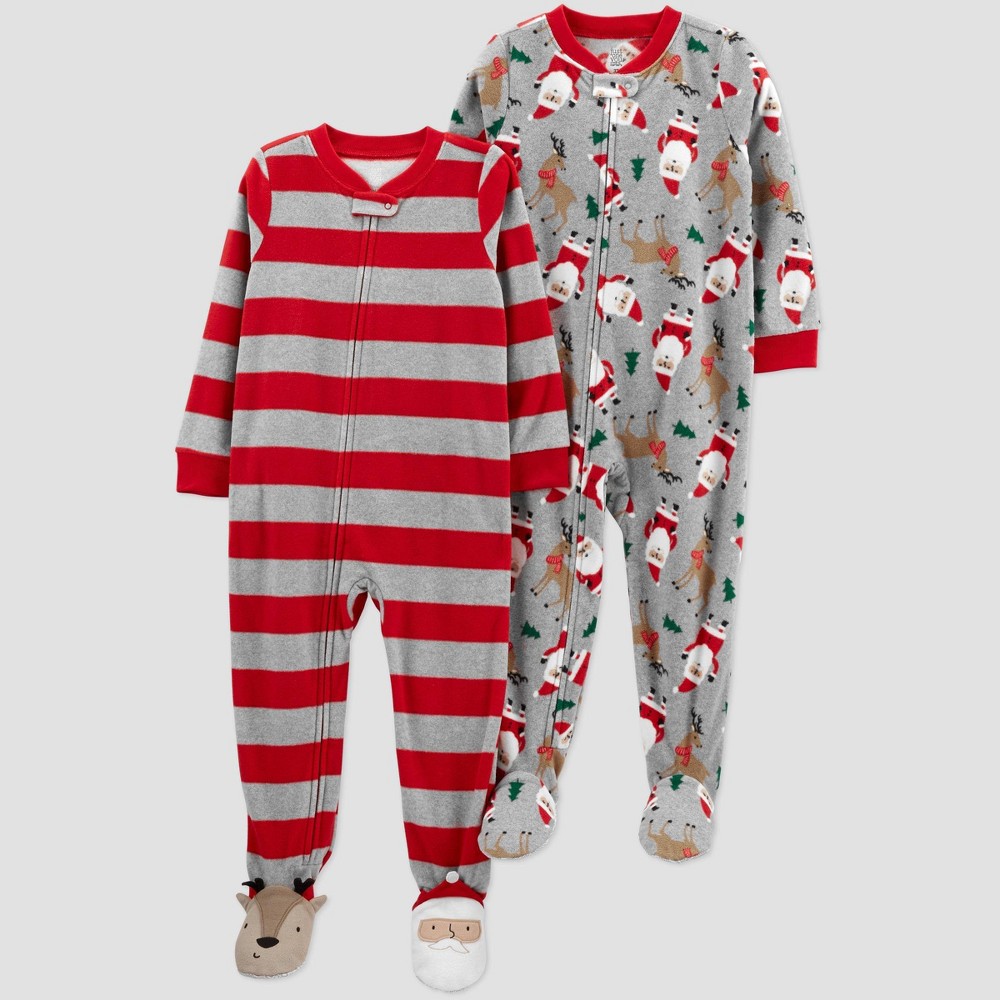 Size 12M Baby Boys' Striped Santa Fleece Footed Pajama - Just One You made by carter's Red/Gray 