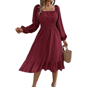 Women's Spring Summer Fall Long Sleeve Square Neck Smocked Waist Casual Vacation Tiered Flowy Midi Dress - 1 of 1