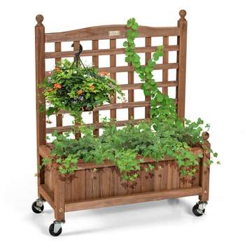 Tangkula 32in Wood Planter Box with Trellis and Wheels Mobile Plant Raised Bed for Indoor&Outdoor