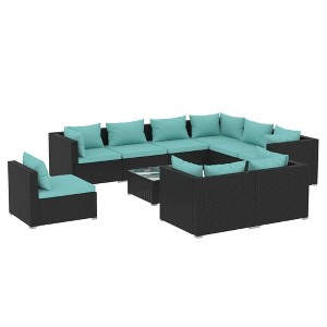 vidaXL 10-Piece Outdoor Patio Lounge Set in Black with Water Blue Cushions - Durable Poly Rattan Construction with Sturdy Steel Frame - 1 of 4