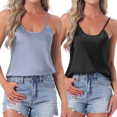INSPIRE CHIC Women's 2 Pcs Satin Camisole Silky Pajama Tank Tops V Neck Soft Spaghetti Strap Loose Basic Sleepwear
