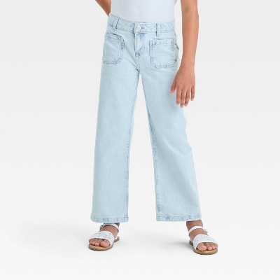 Girls' Mid-Rise Patch Pocket Wide Leg Jeans - Cat & Jack™ Light Wash