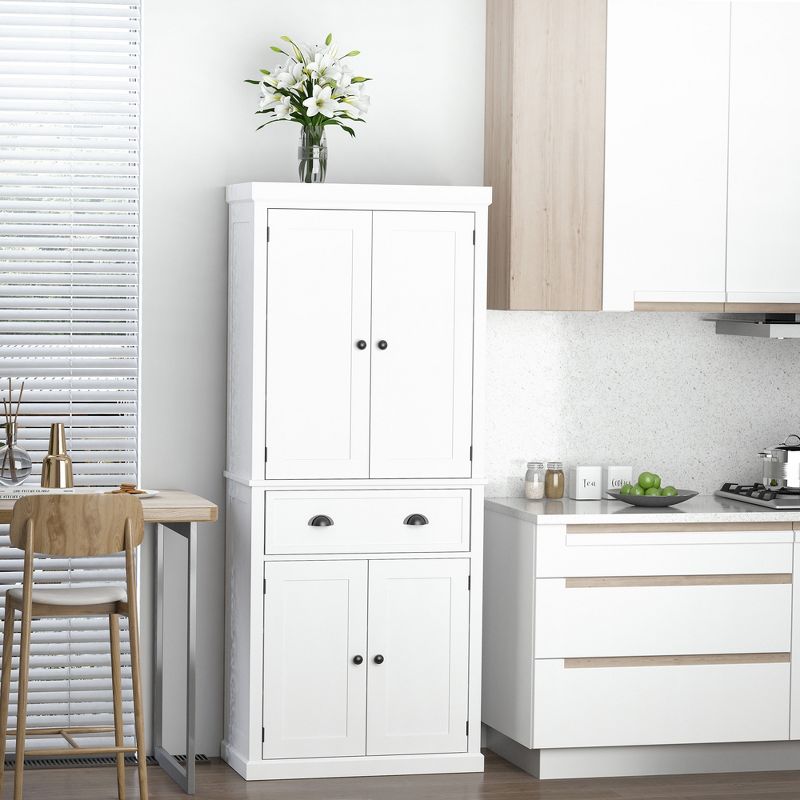 HOMCOM 72" Traditional Freestanding Kitchen Pantry Cupboard with 2 Cabinet, Drawer and Adjustable Shelves, White, 3 of 7