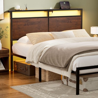 WOWLIVE Twin/Full/Queen/King Size Bed Frame with LED Light and Charging Station, Metal Frame with Storage Headboard, Large Storage Space