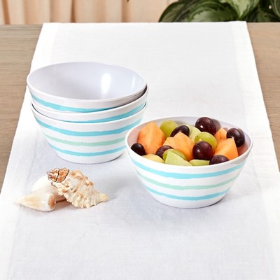 Coastal Blue and Green Striped Melamine Salad Bowls - Set of 4