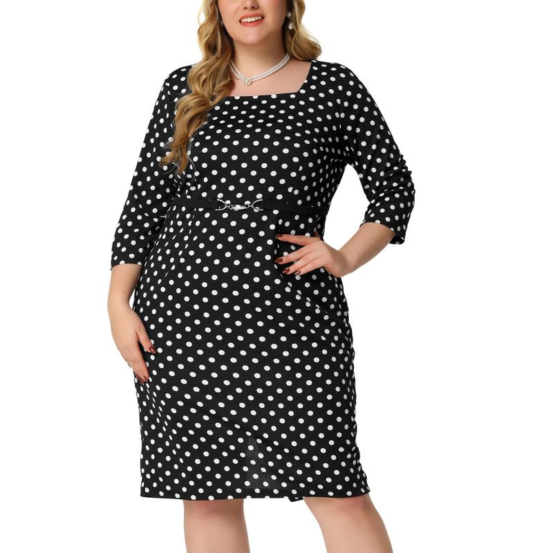 Agnes Orinda Women's Plus Size Formal Polka Dots 3/4 Sleeve Belt Bodycon Dress, 1 of 7