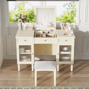 Gulches 2-in-1 White Oak Vanity Desk with Flip-Top Mirror,Stool Hidden Storage+2 Drawers+2 Cabinets, Multi-Functional Writing/Computer Desk - 1 of 4