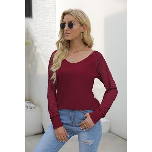 Women V Neck Tops Stripe Long Sleeve Relaxed Fit Tee with Back V Neckline - 1 of 4