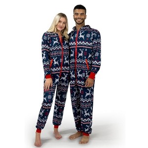 SYNCFUN Adults Christmas Hooded Pajamas, Women / Men Loose Christmas Pajamas, Nordic Print Pattern Holiday Jumpsuits - 1 of 4