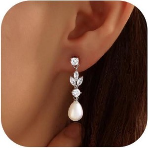 Pearl Earrings,14k Gold Plated Trendy Diamond Pearl Drop Earrings Bridal Shower Gifts Wedding jewelry for Women - 1 of 4