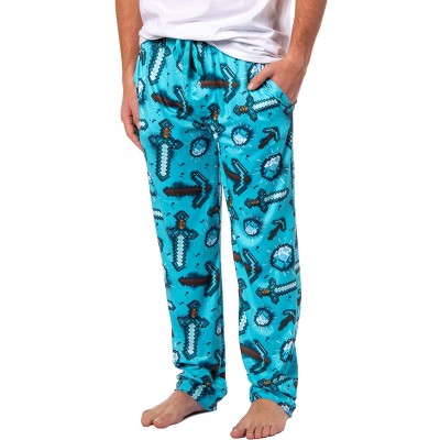 Men's Minecraft Pajama Pants Diamond Art Pickaxe And Sword Sleep Pants (XL)  Blue