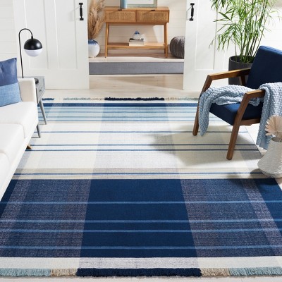 Blue and Beige Flat Woven Wool Striped 8' x 10' Area Rug