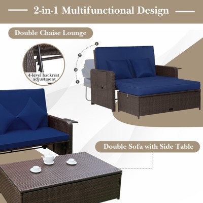 Navy Wicker Loveseat Sofa with Adjustable Backrest and Storage Ottoman