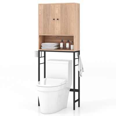Over The Toilet Storage Bathroom Organizer with Double-Door Cabinet & Open Compartment Adjustable Shelf & Bottom Bar Space-saving Rack Black/ Natural/ White