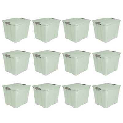 Sterilite 20 Gallon Latch Tote Home or Office Storage Organizer Container Stackable Plastic Bins with In Molded Handles, Mindful Mint, 12-Pack