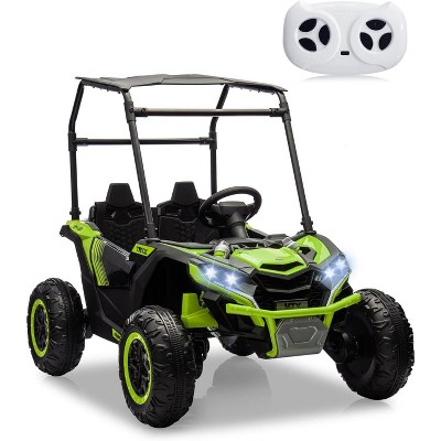 24V Kids Ride On Utv,2-Seater 4WD Electric Truck with Sun Shade, Remote Control, Led Lights, 4 Shock Absorbers