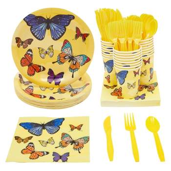 Blue Panda 144 Pc Butterfly Paper Plates, Napkins, Cups, Cutlery, Yellow, Serves 24