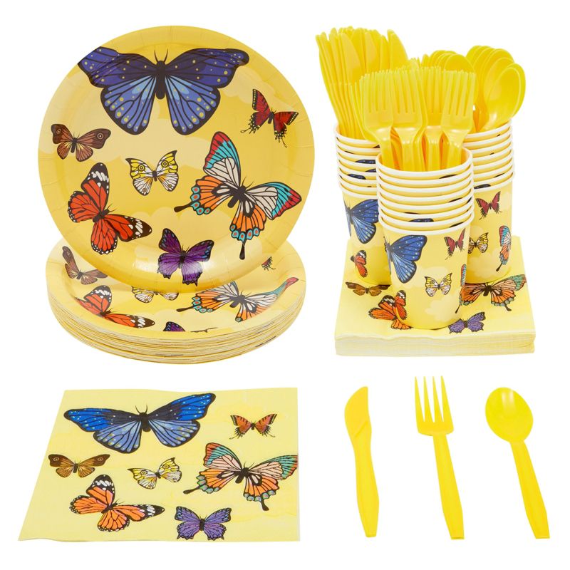Blue Panda 144 Pc Butterfly Paper Plates, Napkins, Cups, Cutlery, Yellow, Serves 24, 1 of 9