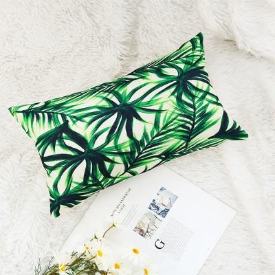 1 Pc 12" x 20" Cotton Linen Plant Floral Leaves Decorative Pillow Cover Green2 - PiccoCasa