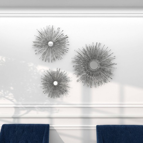 Set Of 3 Metal Sunburst Wall Decors With Mirror Accent Silver - Olivia ...