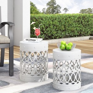 VisioGear Patio End Tables, 2-pcs Patio End Tables, Indoor Outdoor Nesting End Carved Trellis Design Side Table, White, 13.75"*13.75"*18" - 1 of 4