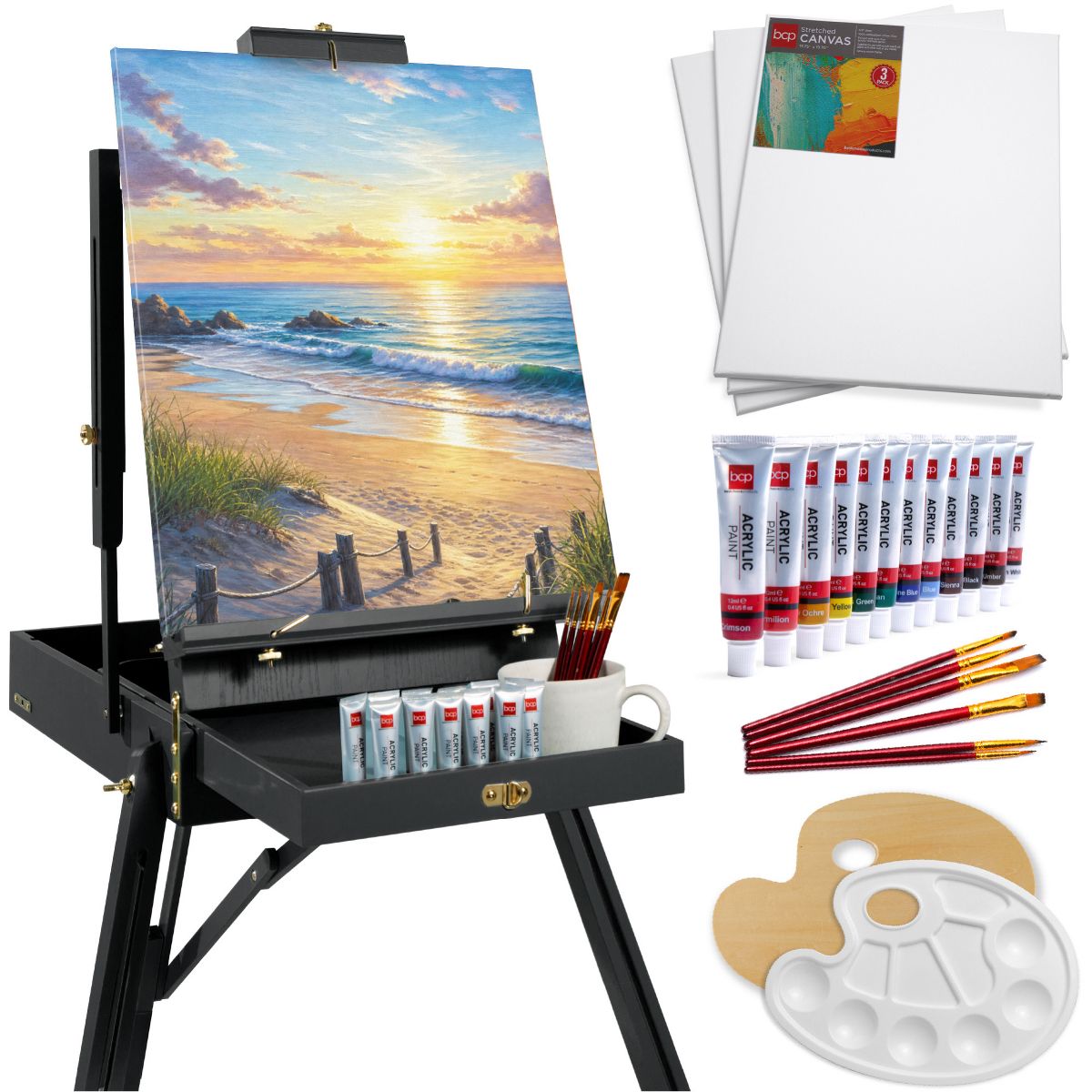 Best Choice Products Art Easel for Painting, Portable Adjustable Tripod with 32-Piece Art Set - Natural