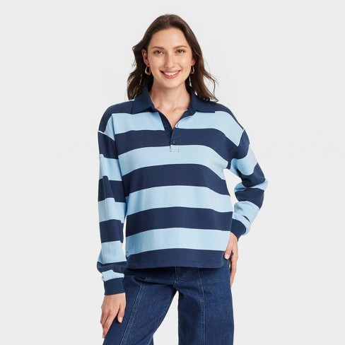 Women s Long Sleeve Polo Shirt Universal Thread Navy Blue Striped XL