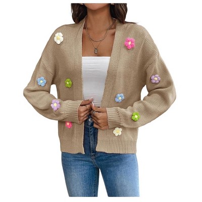 Clearlove Women's Ribbed Knit Cardigans Aesthetic Pretty Flowers Applique Button Up Sweater Coat