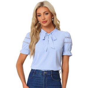INSPIRE CHIC Women's Bow Tie Collar Elegant Office Short Sleeve Blouse - 1 of 4