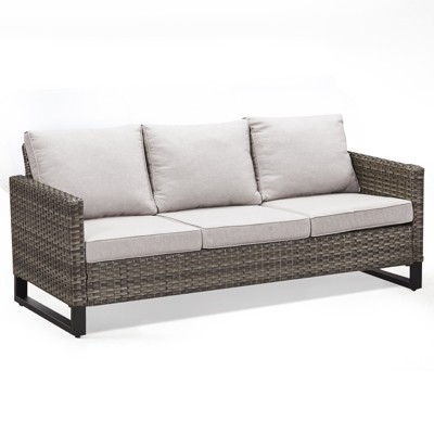 POCASSY 74.4" Outdoor Wicker Couch with Metal Armrest, 3-Seater Couch with Square Armrest Gray Wicker Patio Furniture Sofa for Porch Balcony