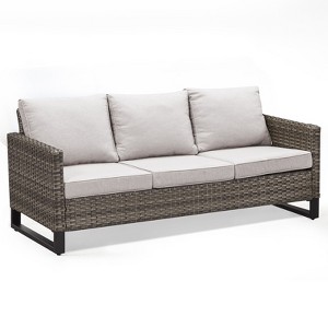 POCASSY 74.4" Outdoor Wicker Couch with Metal Armrest, 3-Seater Couch with Square Armrest Gray Wicker Patio Furniture Sofa for Porch Balcony - 1 of 4