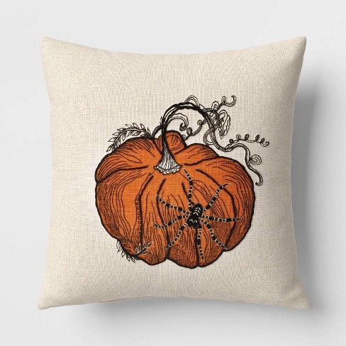 Fall Linen Blend Throw Pillow Case, Pumpkin Square Cushion Case