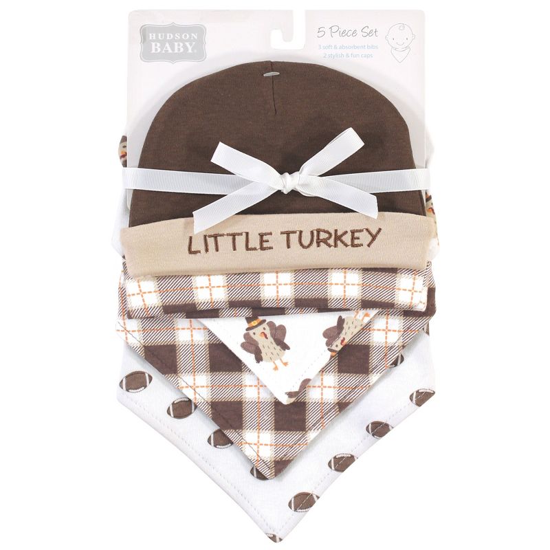 Hudson Baby Infant Boy Cotton Bib and Caps Set 5pk, Boy Turkey, One Size, 3 of 4