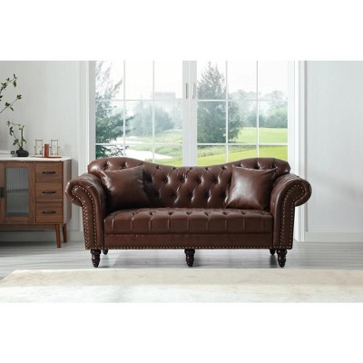 80" Faux Leather Chesterfield Sofa Button Tufted Couch with Pillows for Living Room Apartment - Morden Fort