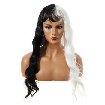 Unique Bargains Curly Women's Wigs 26" Black White with Wig Cap Fluffy Curly Wavy
