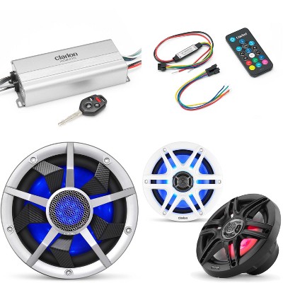 Clarion Marine 4 Channel Amp & 6.5" w/ 10" Silver Grill Boat Audio Upgrade Bundle ( Includes LED Remote )