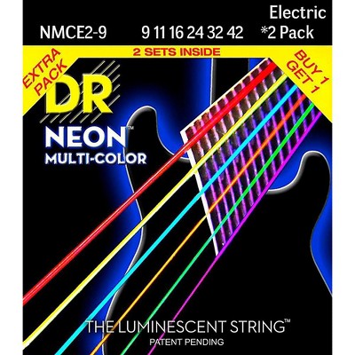 DR Strings Hi-Def NEON Multi-Color Light Electric Guitar Strings (9-42) 2 Pack