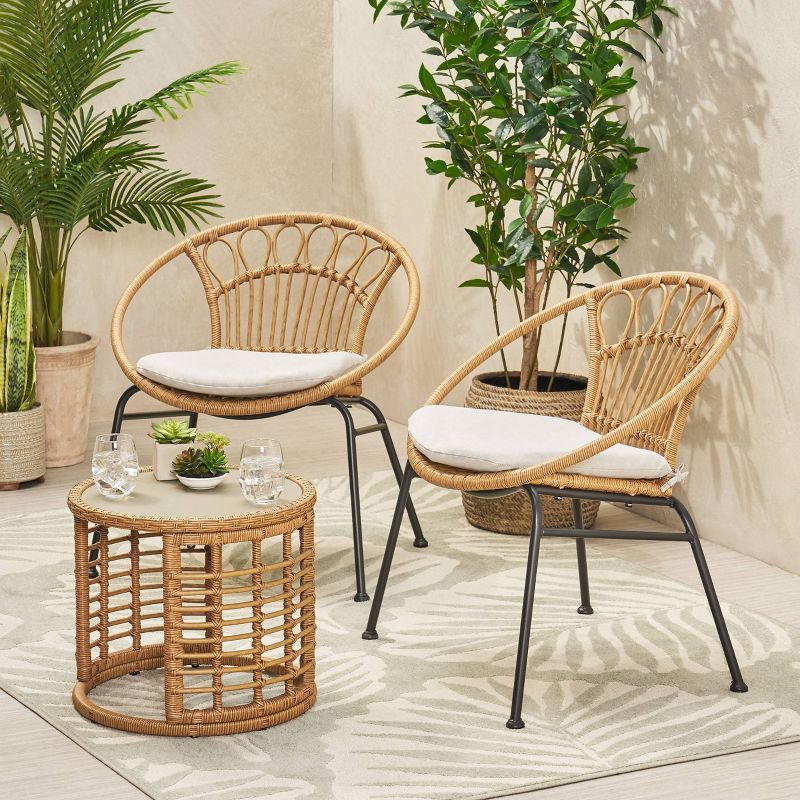 Specter 3pc Patio Wicker Chat Set - Modern Boho Design, Faux Rattan, Water-Resistant Cushions, Tempered Glass Table - Christopher Knight Home, 3 of 8