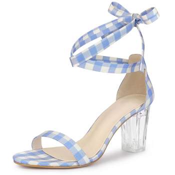 Allegra K Women's Check Lace Up Clear Chunky Heels Sandals