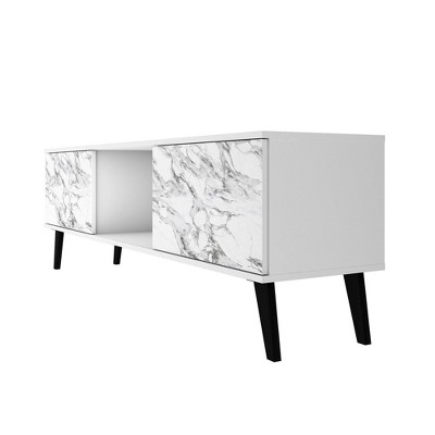 White and Marble Mid-Century Modern TV Stand with Cabinet
