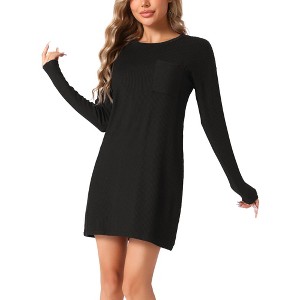 cheibear Women's Long Sleeve Crewneck Casual Sleep Dress with Chest Pocket - 1 of 4