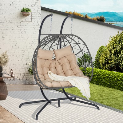 JUJABU Double Outdoor Rattan Hanging Chair with Cushions, Suitable for Balcony, Terrace and Garden Leisure