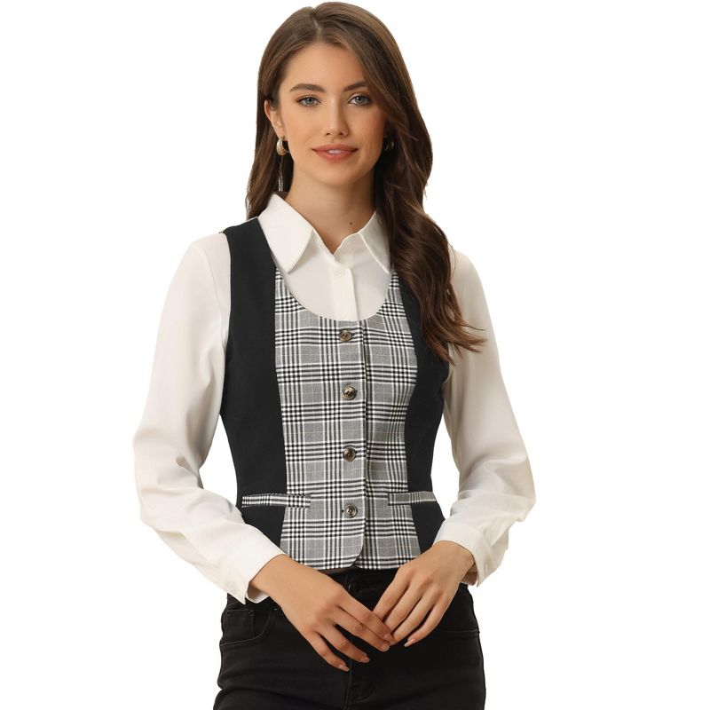 Allegra K Women's Vintage Plaid Button-Down Work Dressy Waistcoat Vests, 1 of 5