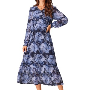 INSPIRE CHIC Women's Long Sleeve Floral V Neck Boho Ruffle Tiered Flowy Chiffon Midi Dress with Pocket - 1 of 4